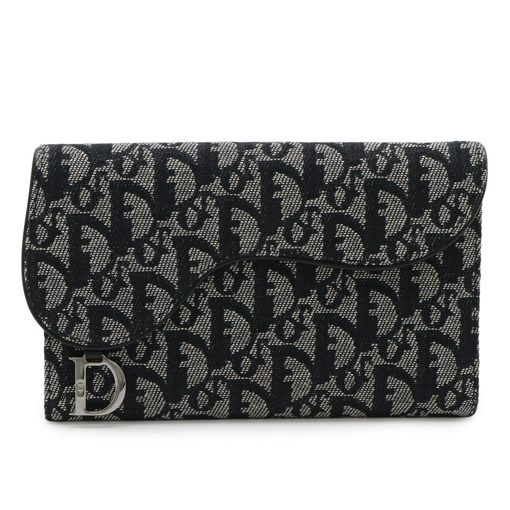 Christian Dior Trotter Saddle Wallet Tri fold Long Canvas Leather Black Gray